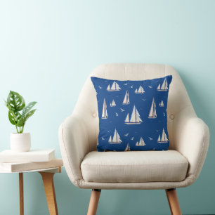 Sailboats and Seagulls on Blue Cushion