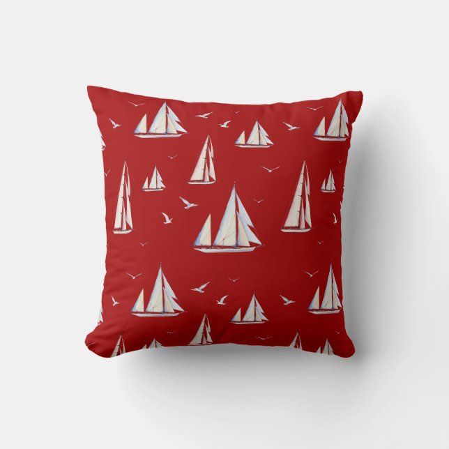 Sailboats and Seagulls on Red Cushion (Front)