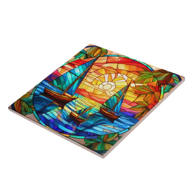 Sailboats and sunsets Stained glass art Ceramic Tile (Side)