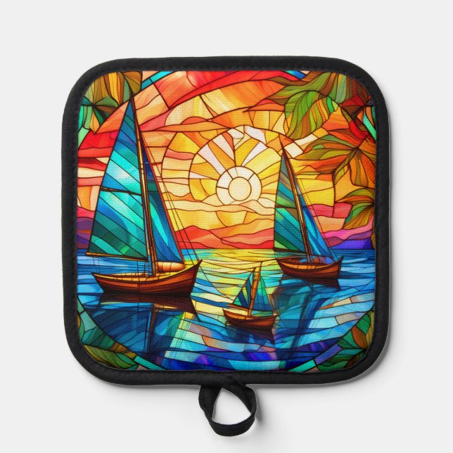 sailboats and sunsets stained glass art pot holder (Front)