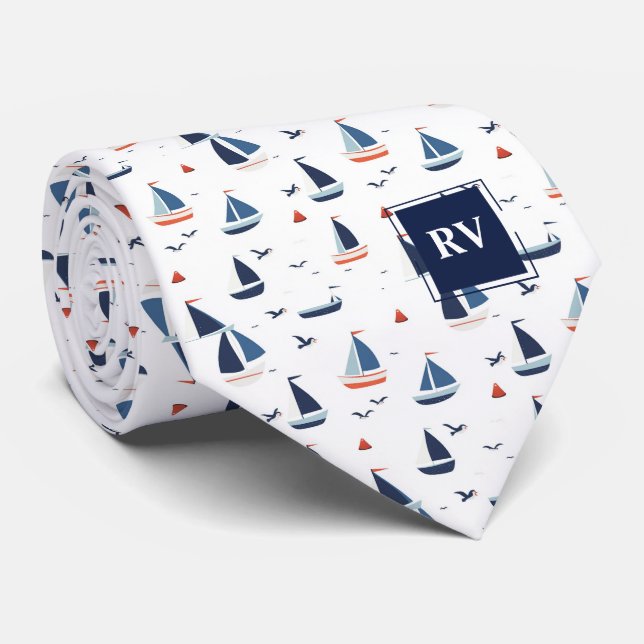 Sailboats at Sea Monogrammed Tie (Rolled)