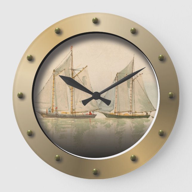 Sailboats At Sea Nautical Art Ships Porthole Large Clock (Front)