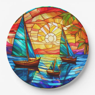 Sailboats at sunset paper plate