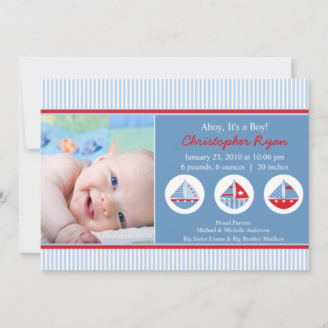 Sailboats Baby Boy Birth Annoucement Invitation (Front)