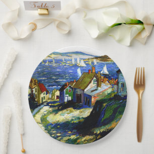 Sailboats by the Harbor, fine art painting Paper Plate