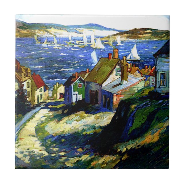 Sailboats by the Harbour, fine art painting Ceramic Tile (Front)