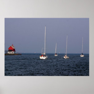 Sailboats down The Grand Haven Channel Poster