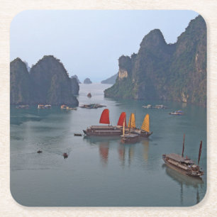 Sailboats in Ha Long Bay - Vietnam, Asia Square Paper Coaster