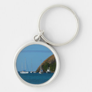Sailboats in the Bay White and Blue Nautical Key Ring