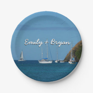 Sailboats in the Bay White and Blue Nautical Paper Plate