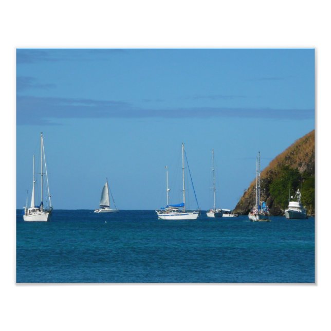 Sailboats in the Bay White and Blue Nautical Photo Print (Front)