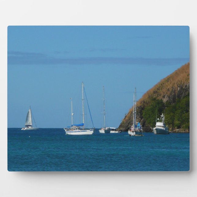 Sailboats in the Bay White and Blue Nautical Plaque (Front)