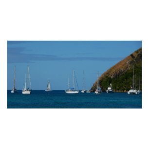 Sailboats in the Bay White and Blue Nautical Poster