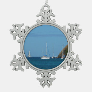 Sailboats in the Bay White and Blue Nautical Snowflake Pewter Christmas Ornament