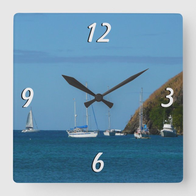 Sailboats in the Bay White and Blue Nautical Square Wall Clock (Front)