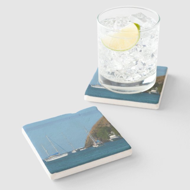 Sailboats in the Bay White and Blue Nautical Stone Coaster (Side)