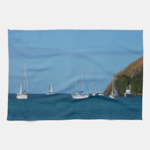 Sailboats in the Bay White and Blue Nautical Tea Towel