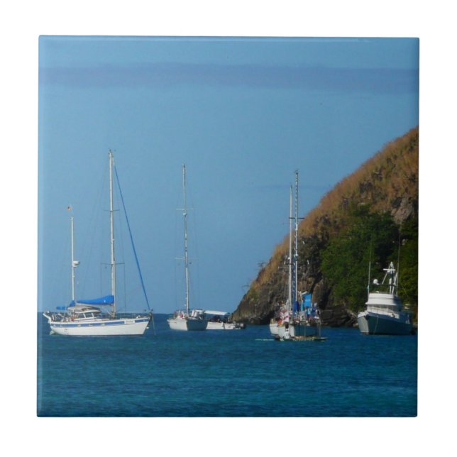 Sailboats in the Bay White and Blue Nautical Tile (Front)