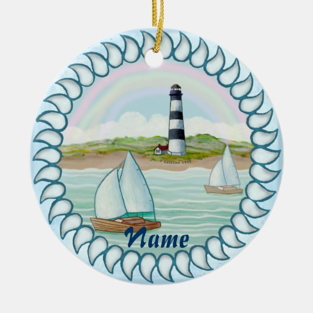 Sailboats Lighthouse Ceramic Ornament (Front)