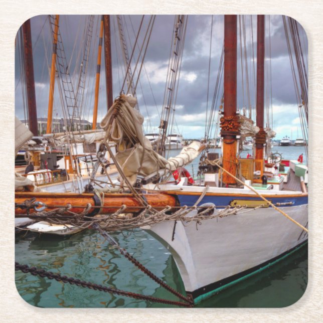Sailboats Morred At Key West Square Paper Coaster (Front)