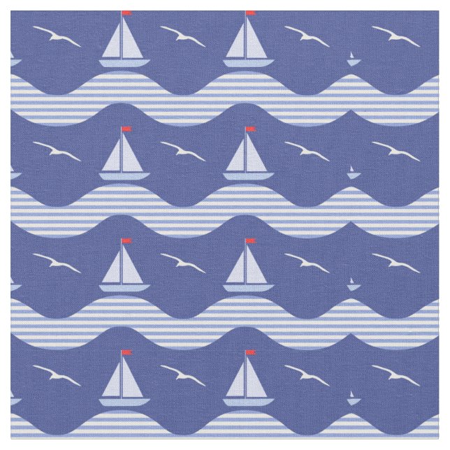 Sailboats On A Striped Sea Pattern Fabric (Close Up)