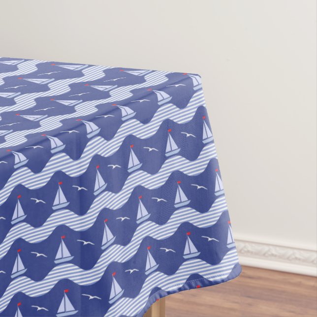 Sailboats On A Striped Sea Pattern Tablecloth (In Situ)