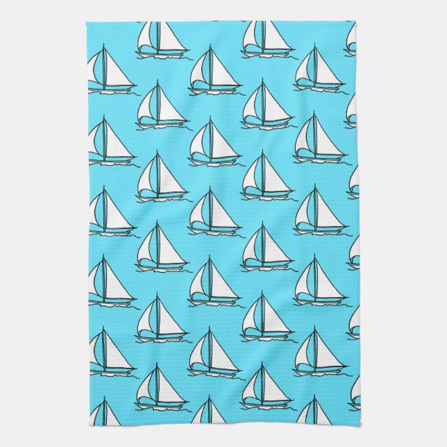 Sailboats On Blue Sea Pattern Tea Towel (Vertical)