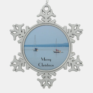 Sailboats on the river snowflake pewter christmas ornament
