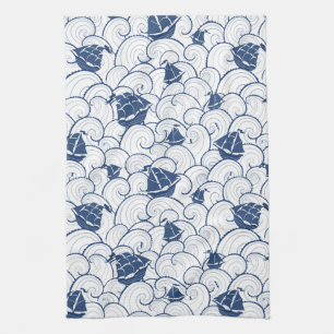 Sailboats On The Sea Pattern Tea Towel