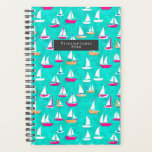 Sailboats Pattern Pink & Teal Planner<br><div class="desc">Pattern with illustration of pink and yellow sailboats over teal background.  Personalise the text on front.</div>