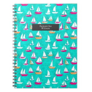 Sailboats Pattern Preppy Pink & Aqua Notebook
