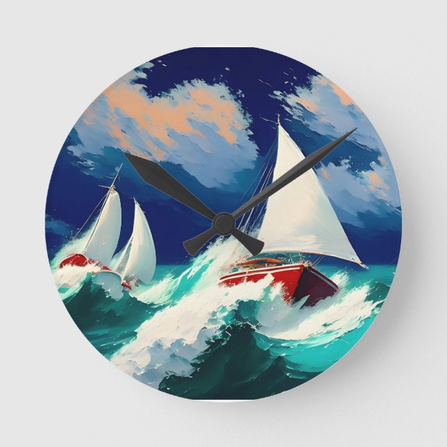 Sailboats Racing in Heavy Seas Round Clock (Front)