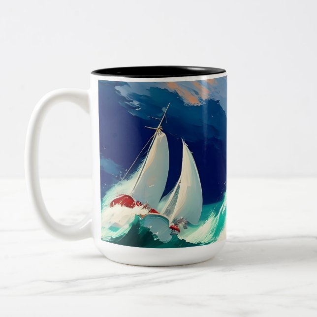 Sailboats Racing in Heavy Seas Two-Tone Coffee Mug (Left)
