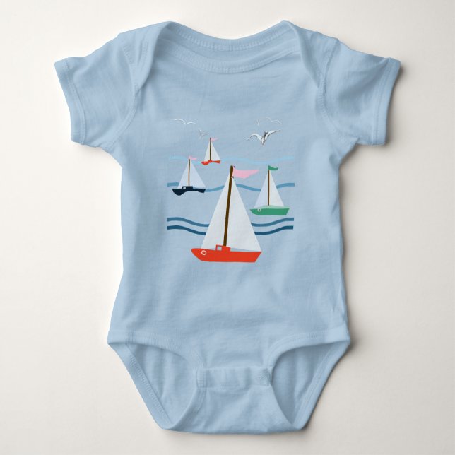 Sailboats, seagulls, ocean waves baby bodysuit (Front)