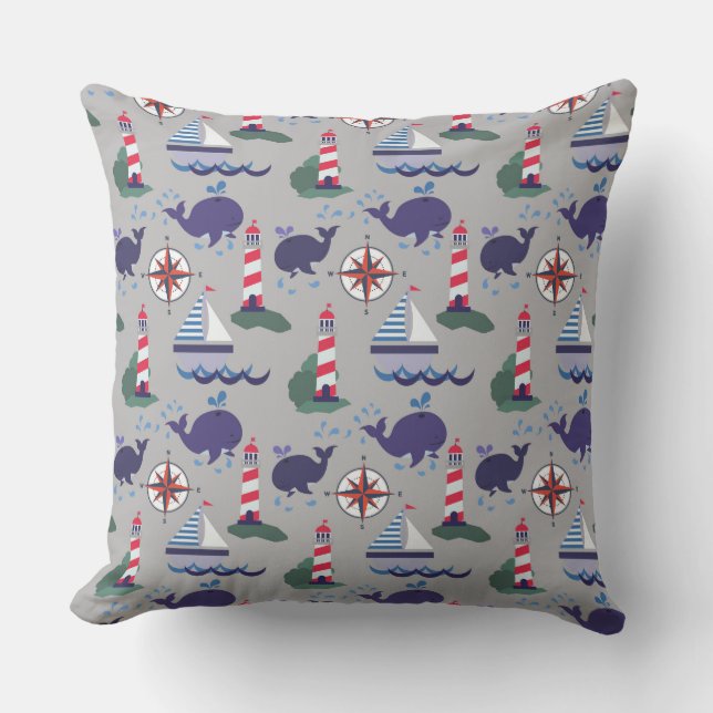 Sailboats, Whales and Lighthouses | Nautical Cushion (Front)