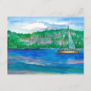 Sailing Alpine Mountain Lake Watercolor Postcard