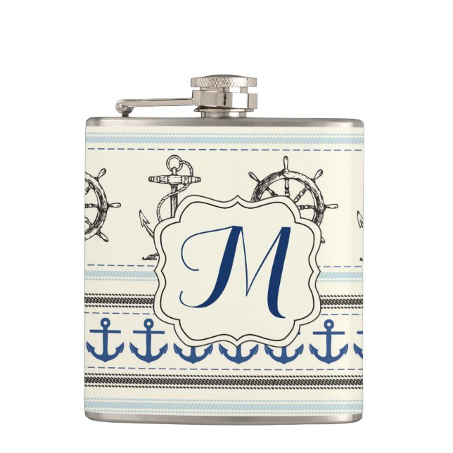 Sailing Anchor Nautical Rop Monogram Whiskey Flask (Front)