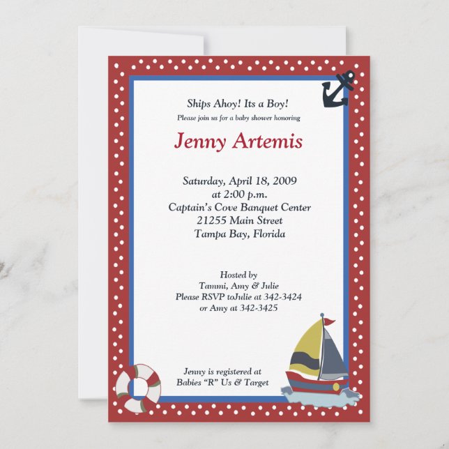 Sailing Away Sailboat Nautical 5x7 Baby Shower Invitation (Front)
