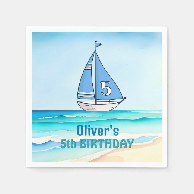 Sailing Boat 5th Birthday Party Napkin (Front)