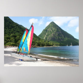 Sailing Boat and water sports equipment on a beach Poster