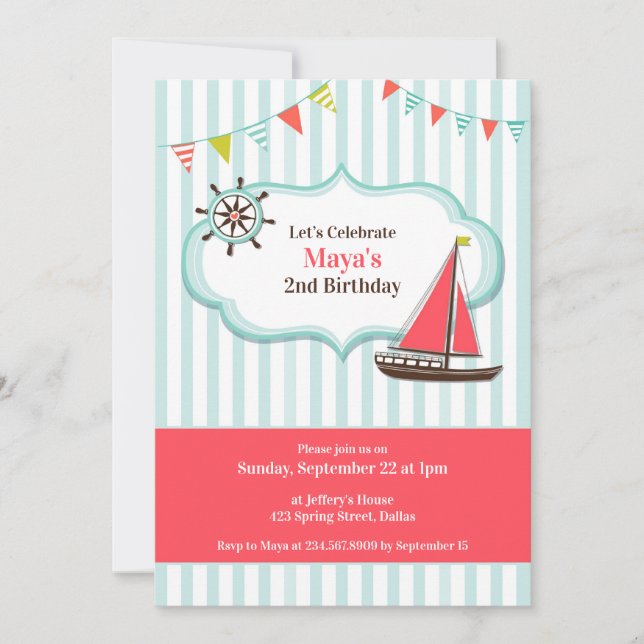 Sailing Boat Birthday Party Flat Invitation (Front)
