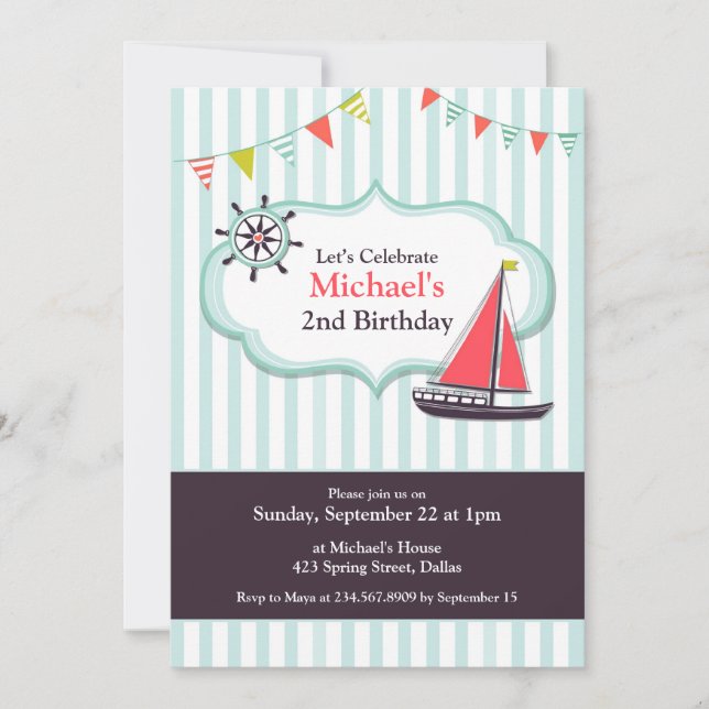 Sailing Boat Birthday Party Flat Invitation (Front)