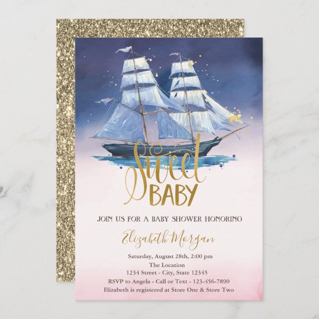 Sailing Boat Gold Glitter Baby Shower  Invitation (Front/Back)