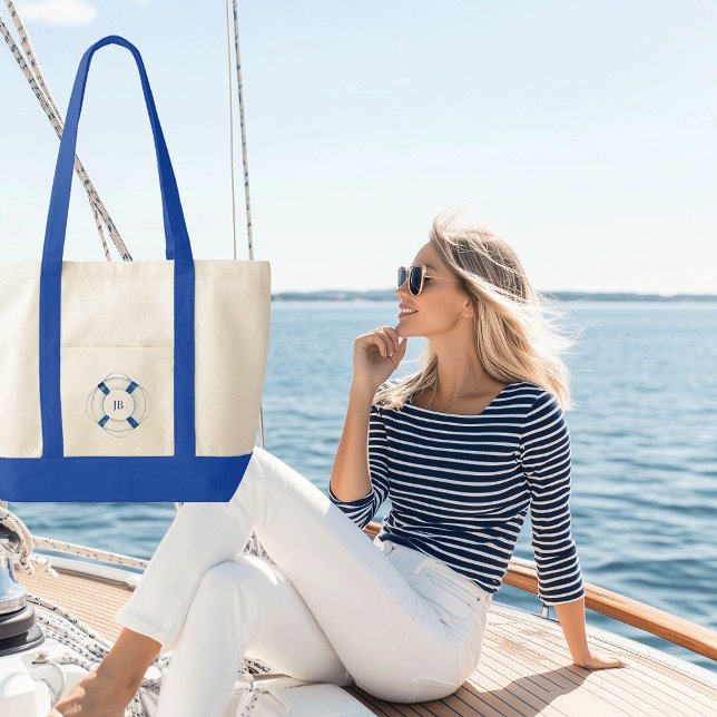 Sailing Boat Life Ring Monogrammed Contrast Trim Tote Bag (life ring monogrammed canvas boat tote)