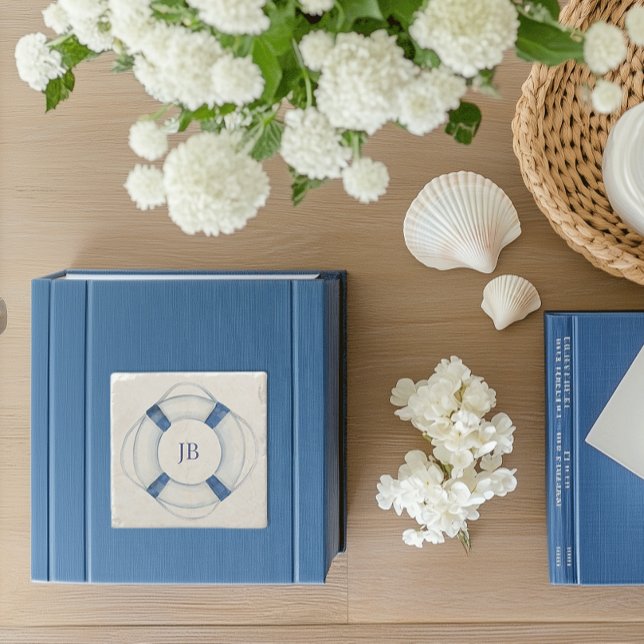 Sailing Boat Life Ring Monogrammed  Stone Coaster (life ring nautical monogrammed stone drink coaster)