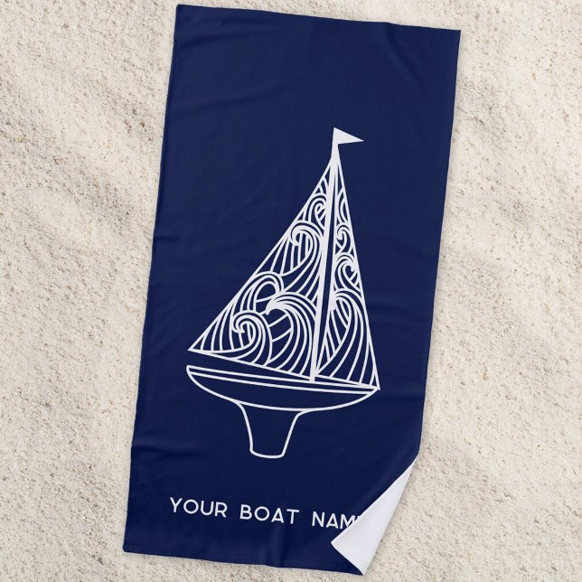 Sailing Boat Name Nautical Navy Blue Beach Towel (Your boat name custom text sailing boat yacht navy blue beach towel)