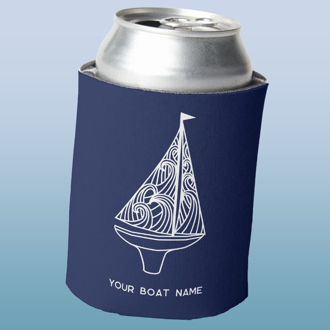 Sailing Boat Name Nautical Navy Blue Can Cooler (Your boat name custom text sailing boat yacht navy blue can cooler)
