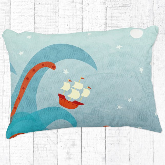Sailing Boat Nautical Decorative Cushion (Sailing boat and sea monster fun adventure throw pillow)