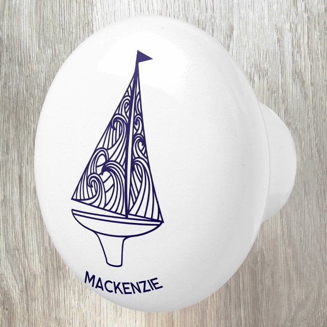 Sailing Boat Personalised Name Ceramic Knob (Personalized sailing boat yacht boat or name ceramic door pull or knob for boat, beach or lake house)