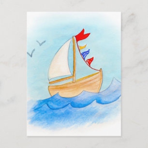 Sailing boat whimsical watercolor postcard